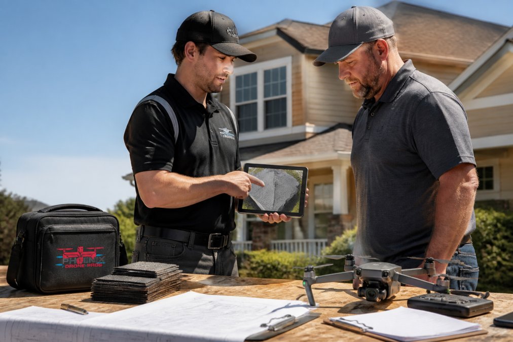 Professional drone pilot presenting high-resolution roof inspection imagery on tablet to roofing contractor at residential job site, with house and clear sky visible in background