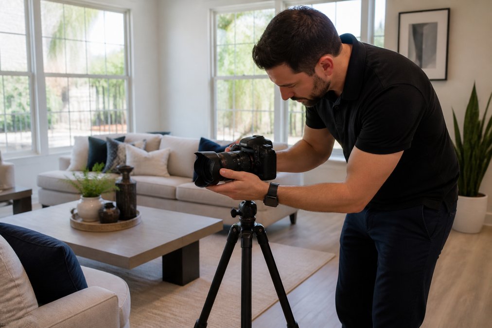 Real estate photographer adjusting a wide-angle lens in a bright, staged living room to market listings with professional