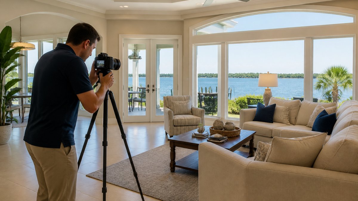 A real estate photographer setting up a tripod and camera in a bright, upscale waterfront living room with large windows overlooking the water