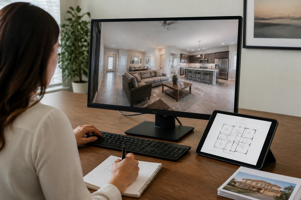 A real estate agent at a desk reviewing a 360-degree virtual tour of a home on a large monitor, with a tablet showing an interactive floor plan nearby and a notebook with listing notes