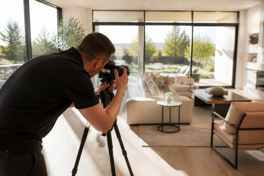 A professional photographer adjusting a camera on a tripod in a bright, modern living room with large windows, clean architectural lines, and natural light flooding the space