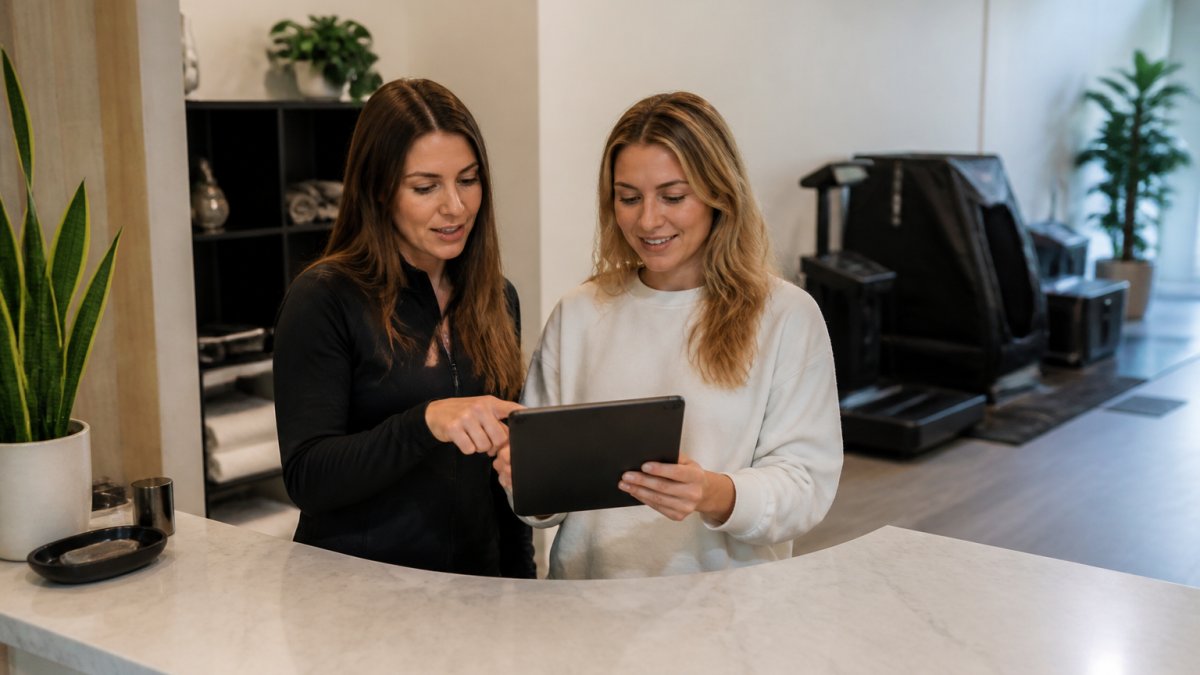 Staff member helping a client book wellness day passes on a tablet at a bright studio reception desk