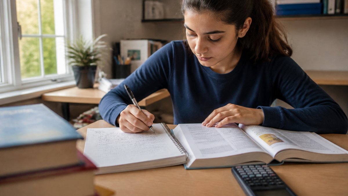 A high school student sitting at a desk with a chemistry textbook open to a thermodynamics chapter, a notebook with handwritten equations, and a calculator, looking focused in a bright room