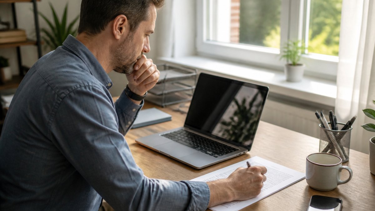 A professional at a tidy desk reviewing a laptop screen with a printed draft and pen beside it, mid-task in a bright home office, natural window light
