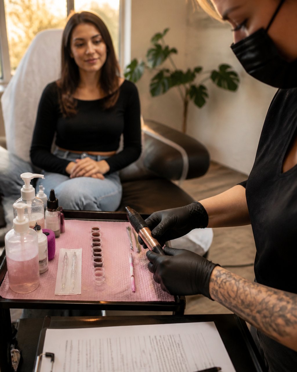 A PMU artist in gloves and a mask setting up a clean treatment station with pigment cups, machine, and consent paperwork while a seated model waits in a bright studio