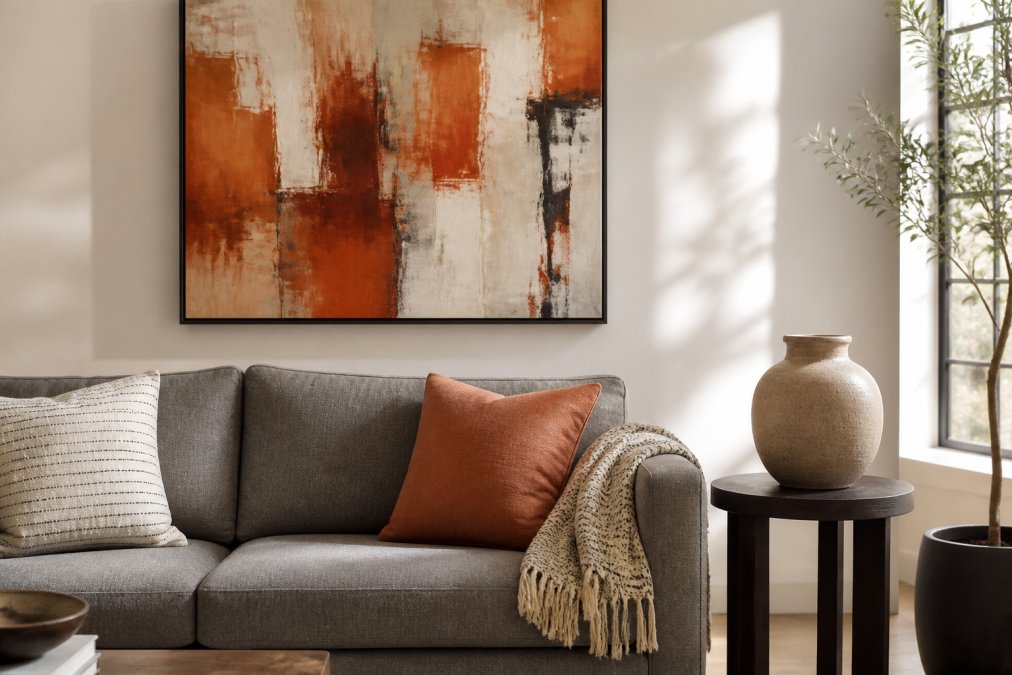 Infographic showing how to match abstract art with furniture by balancing warm tones with neutral sofa textures.