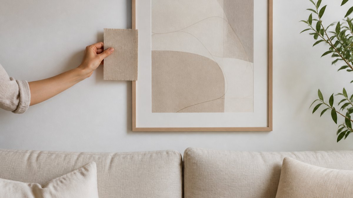Hand holding a fabric swatch against a neutral abstract print to compare tones in a minimalist living room.
