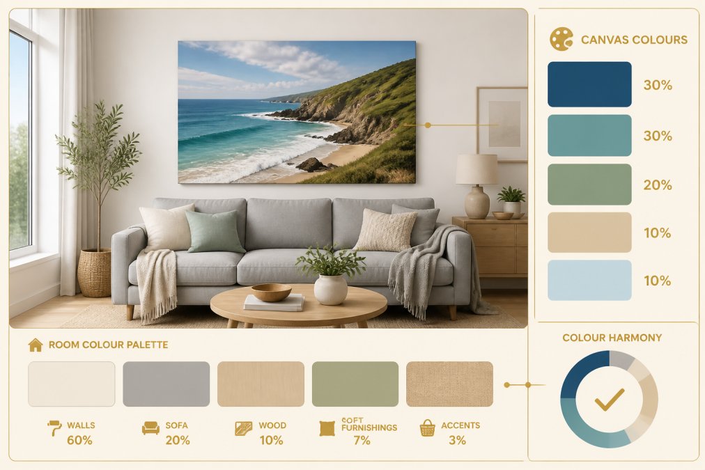 Bright modern living room with neutral cream walls and grey sofa, displaying a coastal canvas print above the seating area with natural daylight streaming through large windows, showing how the print's blues and greens coordinate with the room's existing colour palette