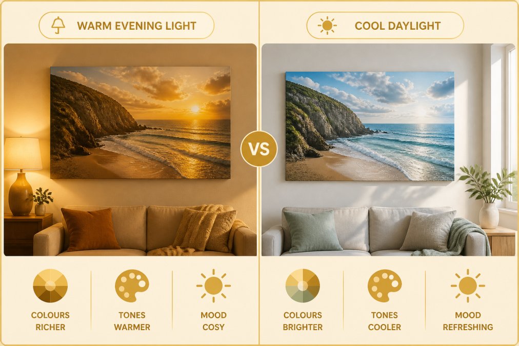 Same coastal canvas print displayed side by side in two different lighting scenarios: one illuminated by warm golden evening lamp light showing rich amber and orange tones, the other in cool natural daylight showing bright blues and greens, demonstrating how colour appearance shifts dramatically with lighting conditions