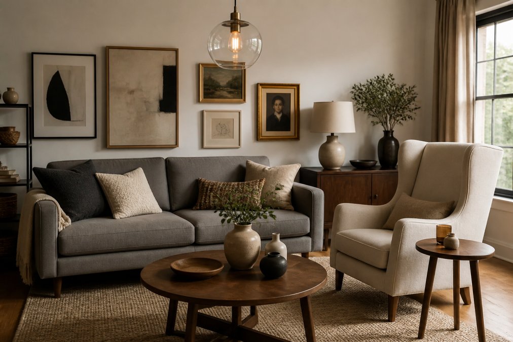 A well-appointed living room with a mid-century modern sofa in warm gray, paired with a transitional wingback accent chair in cream linen, layered with an eclectic mix of wooden side tables, ceramic vessels, and framed artwork in various finishes, illuminated by warm pendant lighting and natural afternoon light
