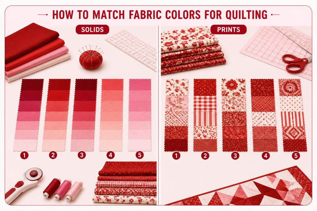 Quilter's workspace with fabric swatches arranged on a white surface in natural daylight, showing different quilting cotton solids and prints side by side for color comparison