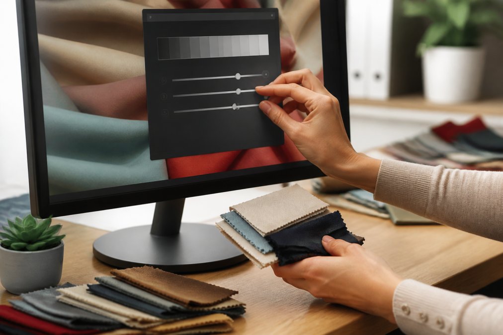 Close-up of hands adjusting monitor brightness and color settings on a desktop computer, with fabric swatches visible next to the screen for comparison