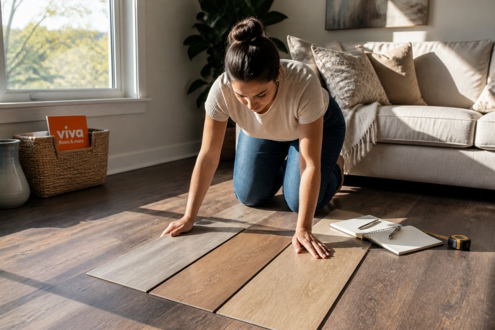 Homeowner testing flooring samples in afternoon sunlight to learn how to match flooring to home lighting.