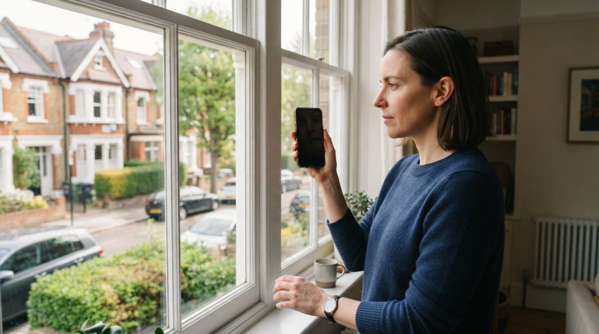 A person holding a smartphone up beside a window, comparing the street view on the screen with the actual houses and gardens visible outside in the daylight