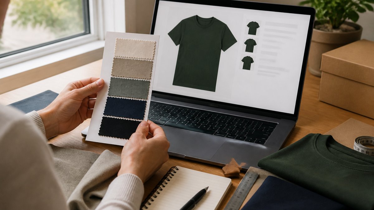 A person holding a fabric swatch card next to a laptop screen showing a graphic tee product page, natural window light, casual home setting