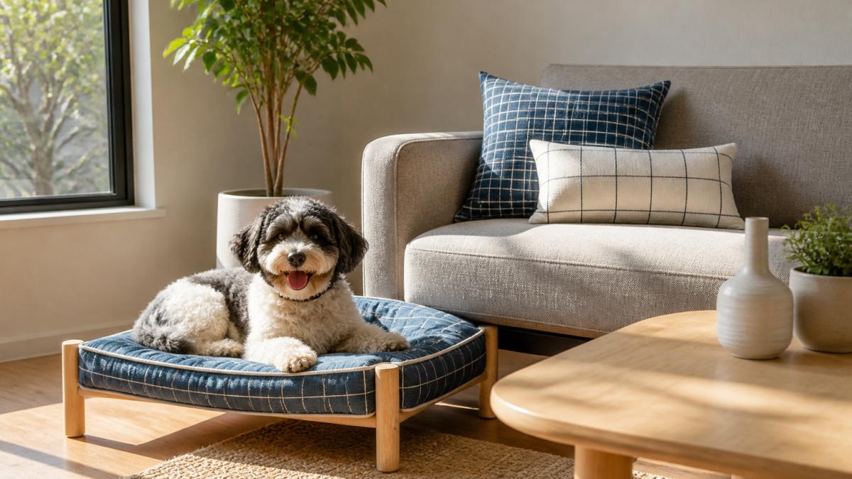 A cozy living room corner with a stylish elevated dog bed in blue and white grid design, a doodle lounging on it, matching throw pillows on a nearby sofa, warm natural light