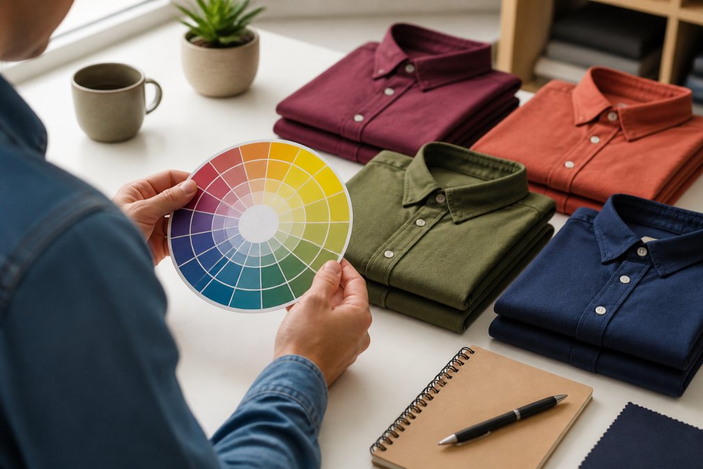 Person holding a physical color wheel swatch guide next to neatly folded shirts in complementary colors arranged on a neutral white background with natural window lighting