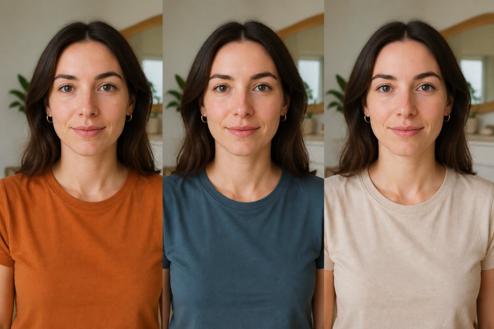 Close-up of person wearing three different colored shirts, one warm-toned, one cool-toned, one neutral, against their skin to demonstrate how color intensity and temperature affect facial appearance and overall look