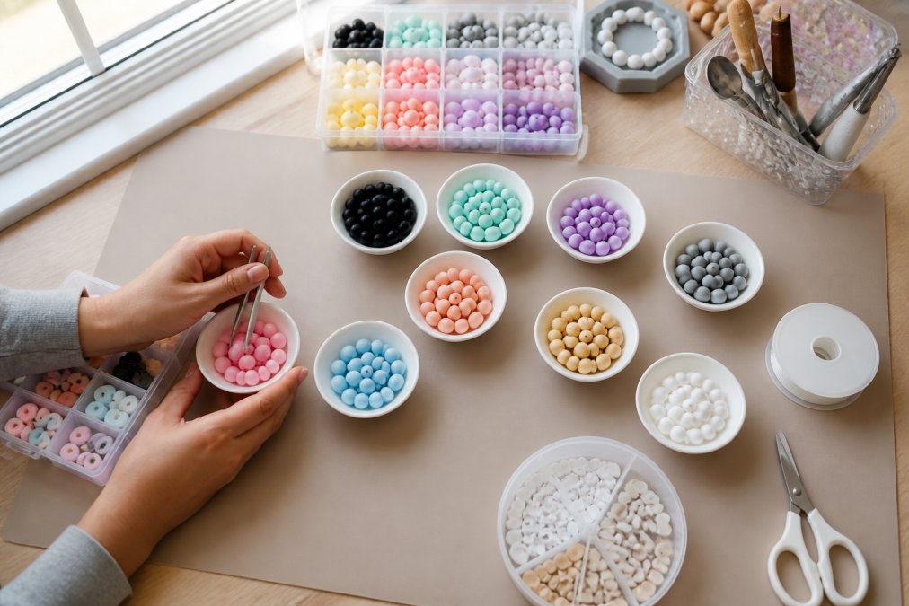 Overhead shot of a crafter's hands sorting colorful silicone beads into small white dishes on a neutral mat beside a window, daylight streaming across the beads