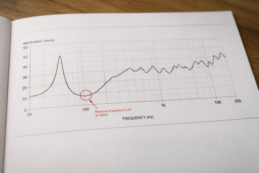 Impedance curve graph for match speakers showing a dip in the 100-300 Hz frequency range for nominal ratings.