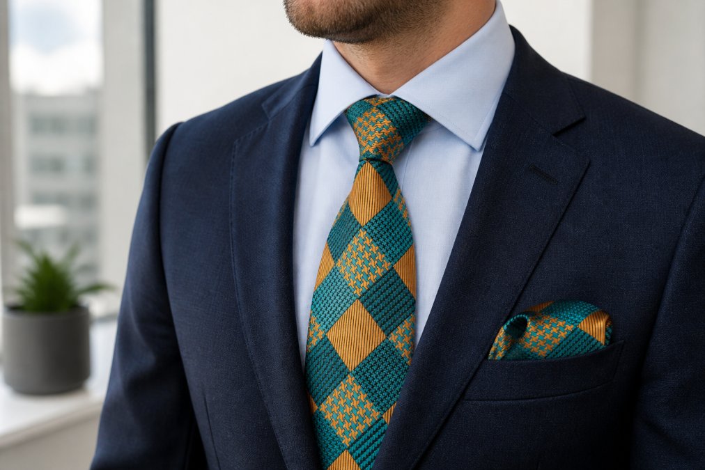 Professional man wearing a light blue dress shirt with a navy tie and matching pocket square, photographed from the torso up in natural office lighting, showing the colour contrast and proportion clearly