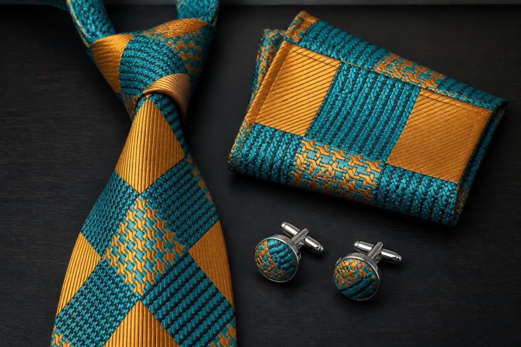 Close-up of formal accessories laid out flat on a dark surface: a burgundy silk tie, silver cufflinks, a matching pocket square, and a tie knot detail, showing texture and material quality in natural lighting