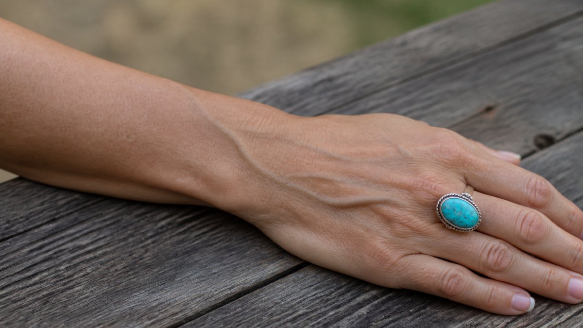 Close-up of a woman's wrist and hand resting on a weathered wooden table, natural light highlighting the veins and skin tone, with a turquoise ring on her finger