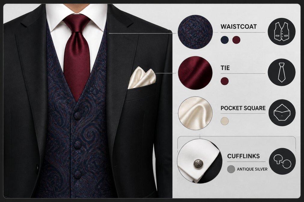 Close-up of a groom's torso showing a navy paisley waistcoat with burgundy undertones, paired with a burgundy silk tie, cream silk pocket square, and antique silver cufflinks on formal wedding attire