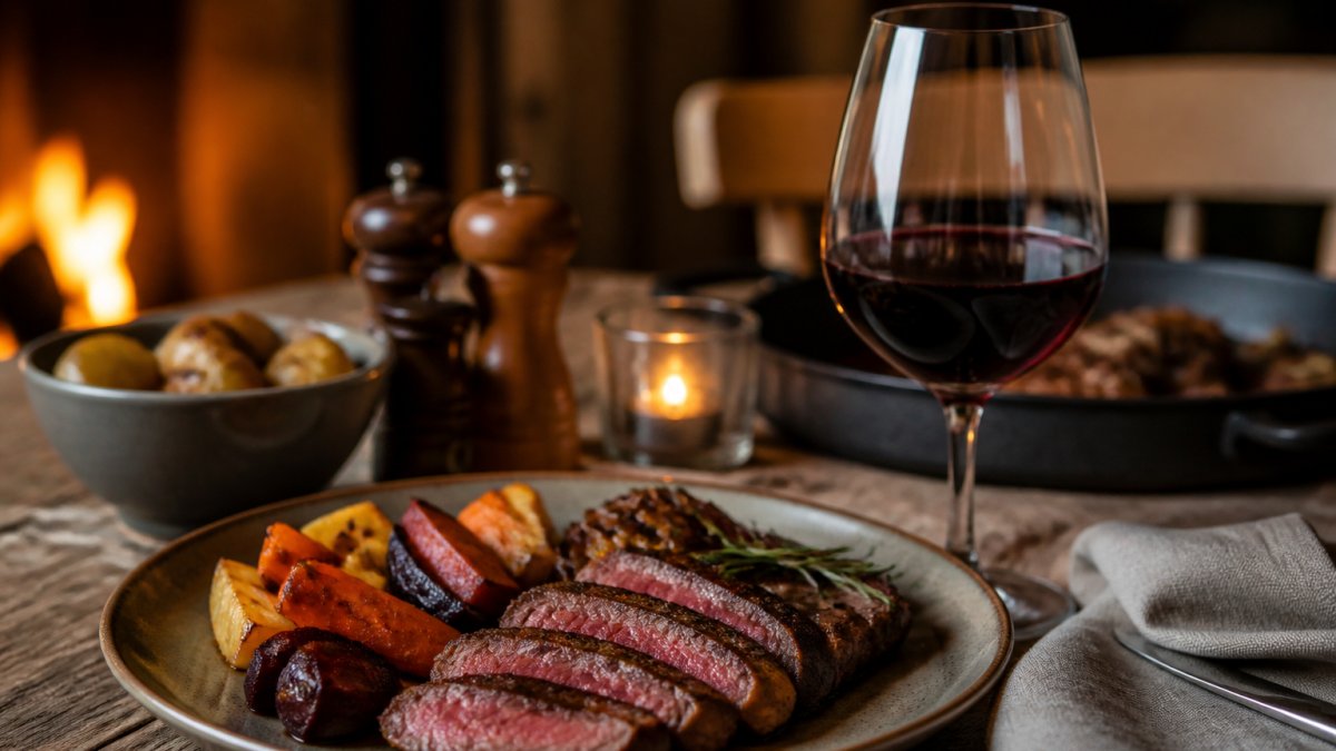Ett dukat bord med grillat nötkött, rostade rotfrukter och ett glas mörkt rödvin bredvid tallriken, varm och inbjudande ljusmiljö
