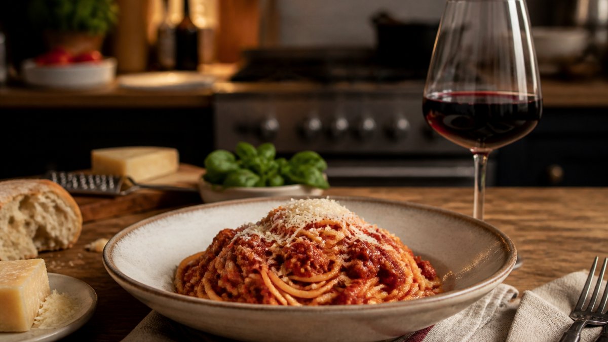 Tallrik med pasta bolognese toppad med parmesan och ett glas rött vin på ett dukat middagsbord i varmt köksljus