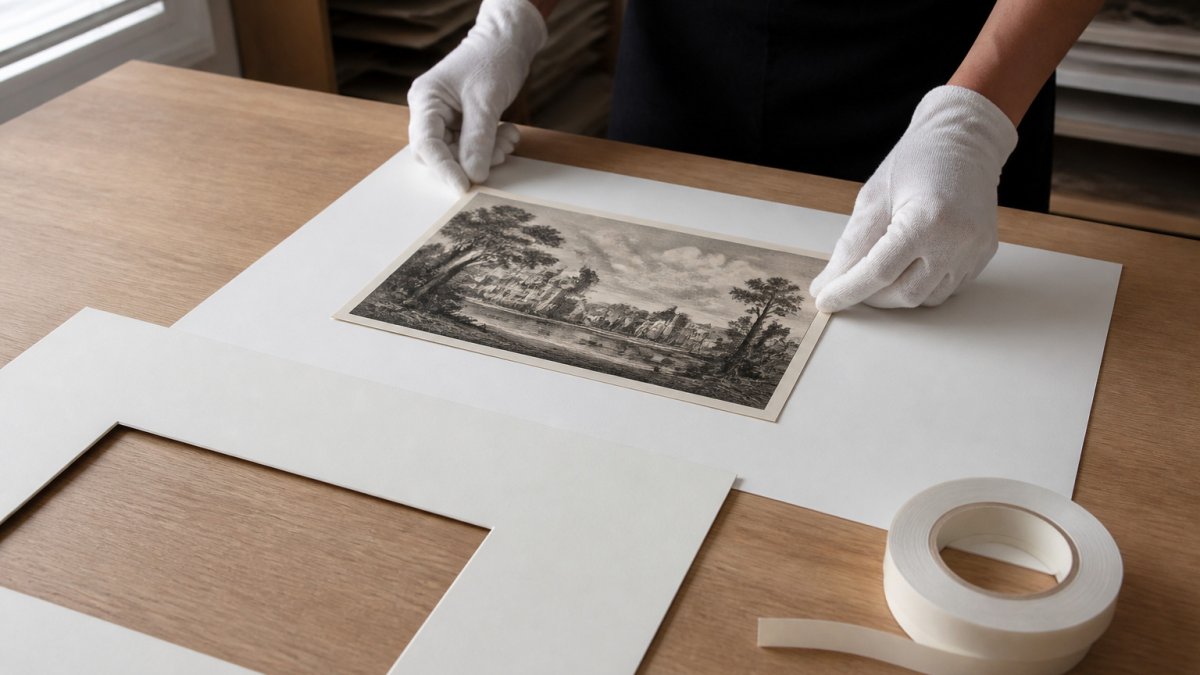 Hands in cotton gloves aligning an antique print onto a conservation board for archival matting.