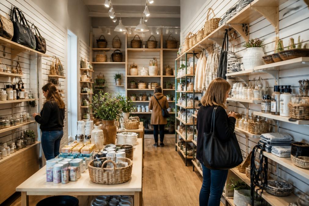 Compact boutique retail shop with floor-to-ceiling slatwall displays and modular shelving units, showing neatly organised product displays with customers browsing merchandise, warm lighting highlighting product tiers