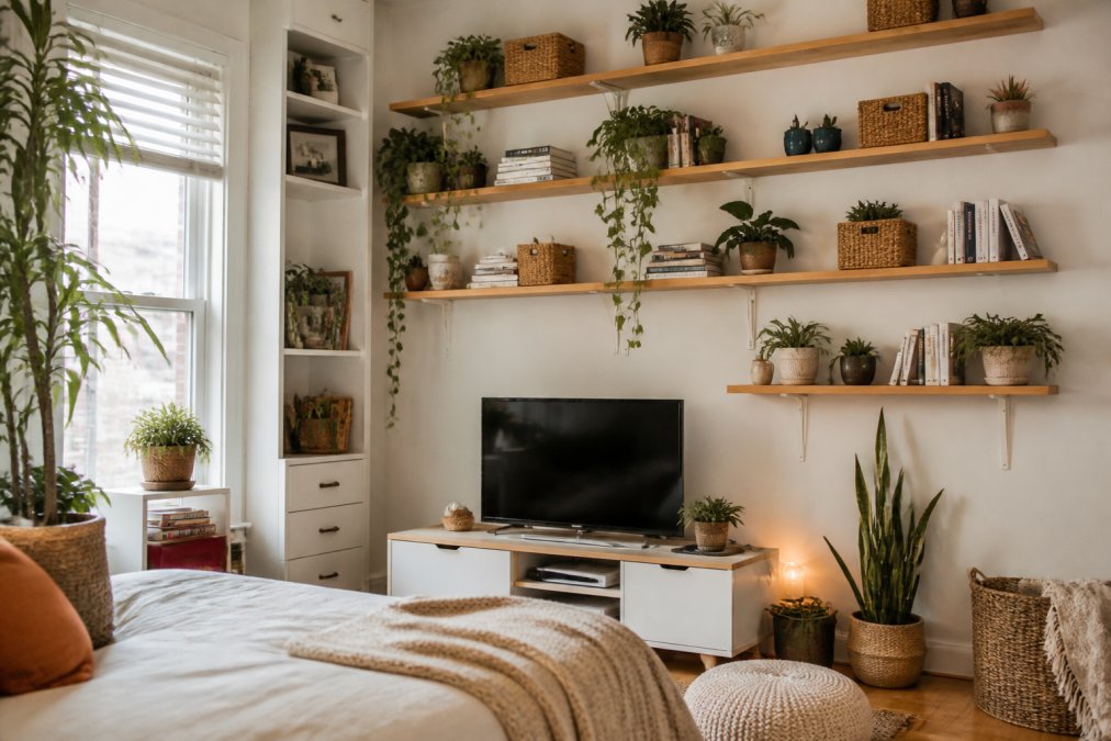 A bright studio apartment wall lined with floating shelves holding neatly arranged books, small potted plants, and woven storage baskets at varying heights, with warm natural light coming through a nearby window