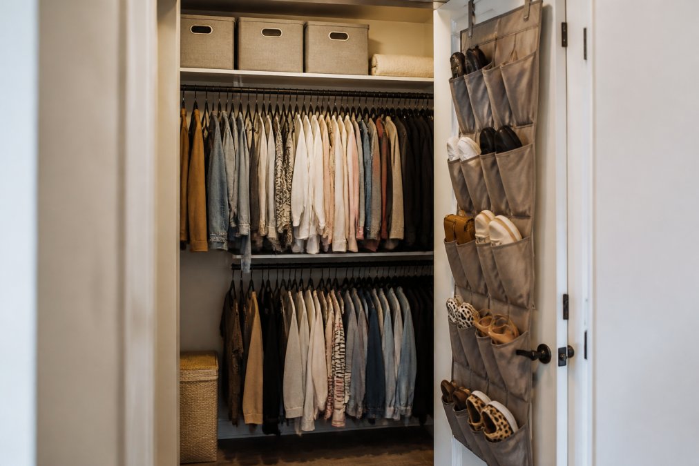 An organized small apartment closet with slim velvet hangers on a double rod, labeled stackable bins on the upper shelf, and a door-back organizer holding shoes and accessories in a tidy, clutter-free arrangement under warm interior lighting