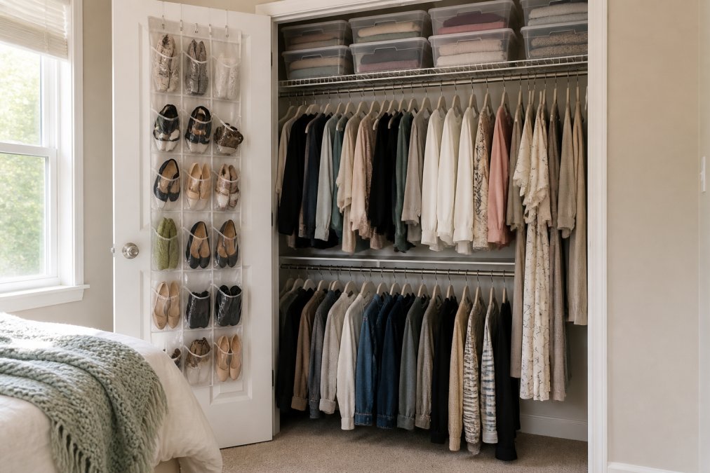 A small bedroom closet with an over-the-door organizer holding shoes and accessories, slimline hangers on a double-hanging rod, and stacked clear bins on a wire shelf, photographed in soft daylight