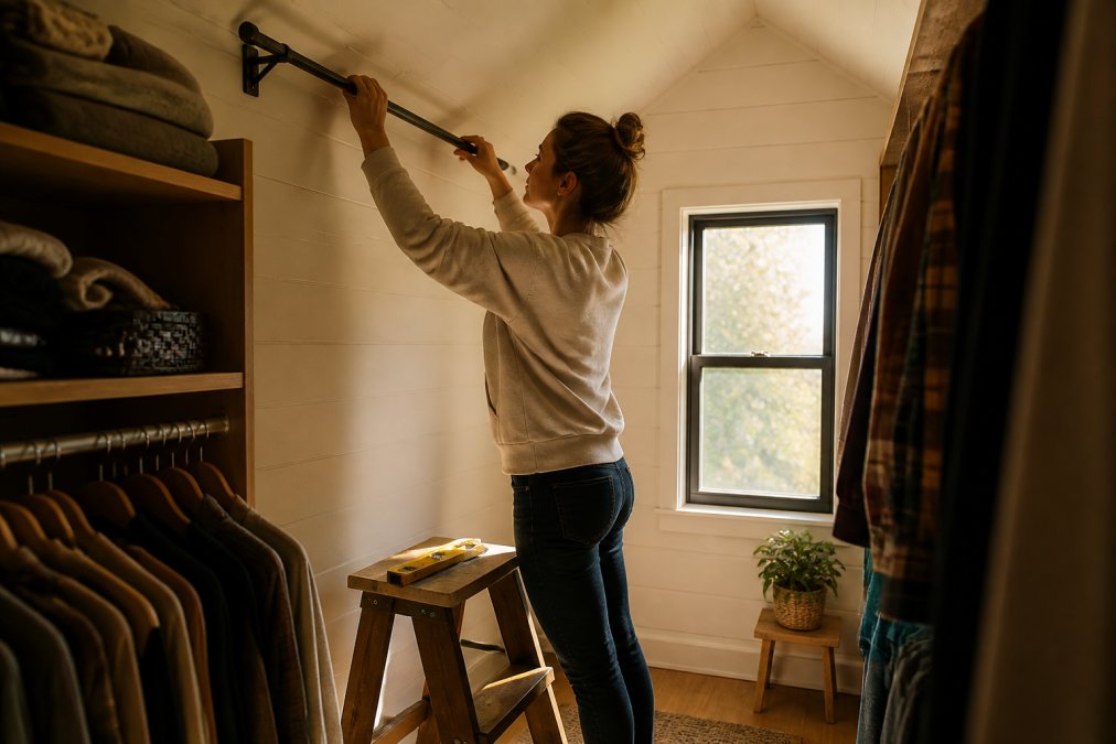 A woman in a tiny house closet with slanted ceilings installing a wall-mounted hanging rail near the ceiling, with a step stool and a small level on the floor, warm natural light coming through a small window