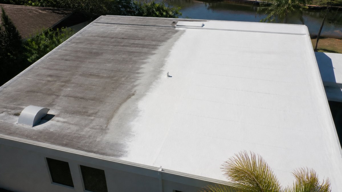 Diagram showing the heat reduction benefits of VOC-free roof coatings on a residential home under bright sun.