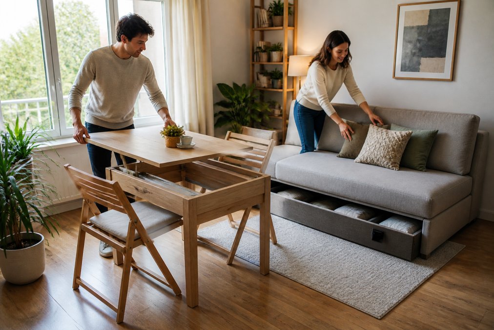 A young couple in a bright small apartment living room, one person adjusting a compact extendable dining table while the other arranges cushions on a slim sofa with hidden storage underneath, natural light from a large window, plants and a rug in view