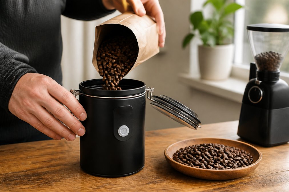 Hands placing freshly roasted coffee beans into an opaque airtight container with a one-way valve, whole beans and a burr grinder visible on a wooden surface in natural light