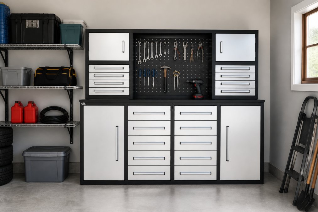 Well-organized garage wall displaying wall-mounted metal shelves holding boxes and equipment, pegboard with hanging hand tools in organized rows, and heavy-duty cabinet storage units below, with concrete floor visible