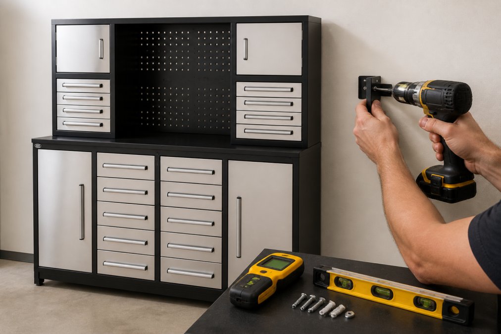Close-up of hands using a cordless drill to install a metal bracket into drywall, with a stud finder and level visible on the workbench beside mounting hardware and fasteners