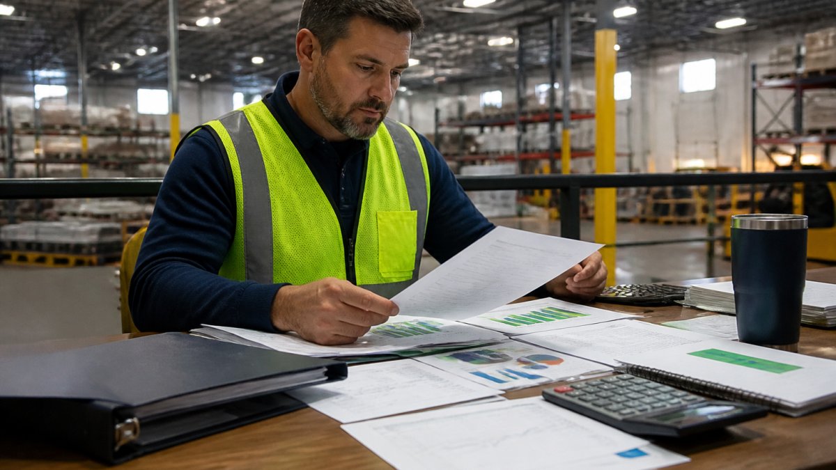 Facility manager reviewing energy assessment documents and rebate program materials at an industrial warehouse with high-bay lighting visible in the background