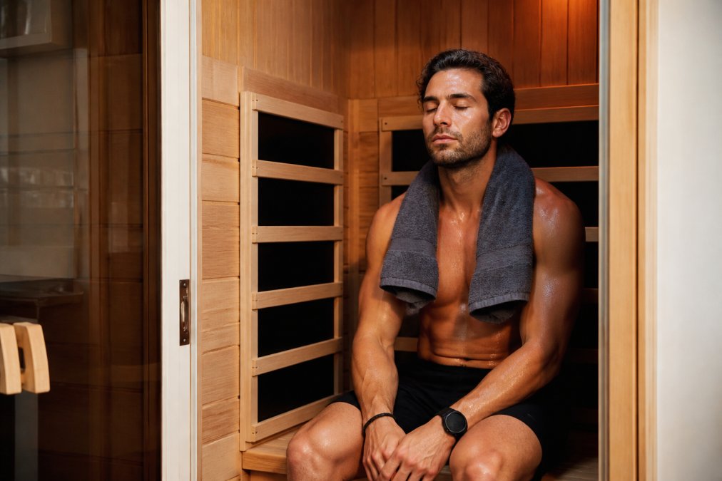An athlete in athletic wear sitting calmly inside a wooden infrared sauna with warm ambient lighting, towel draped over shoulders, eyes closed in relaxed recovery