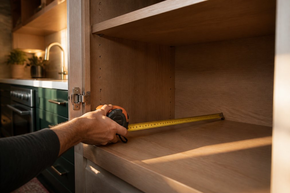 A person's hand holding a tape measure inside an open kitchen cabinet, measuring the interior depth from back wall to front edge, warm natural light filling the kitchen