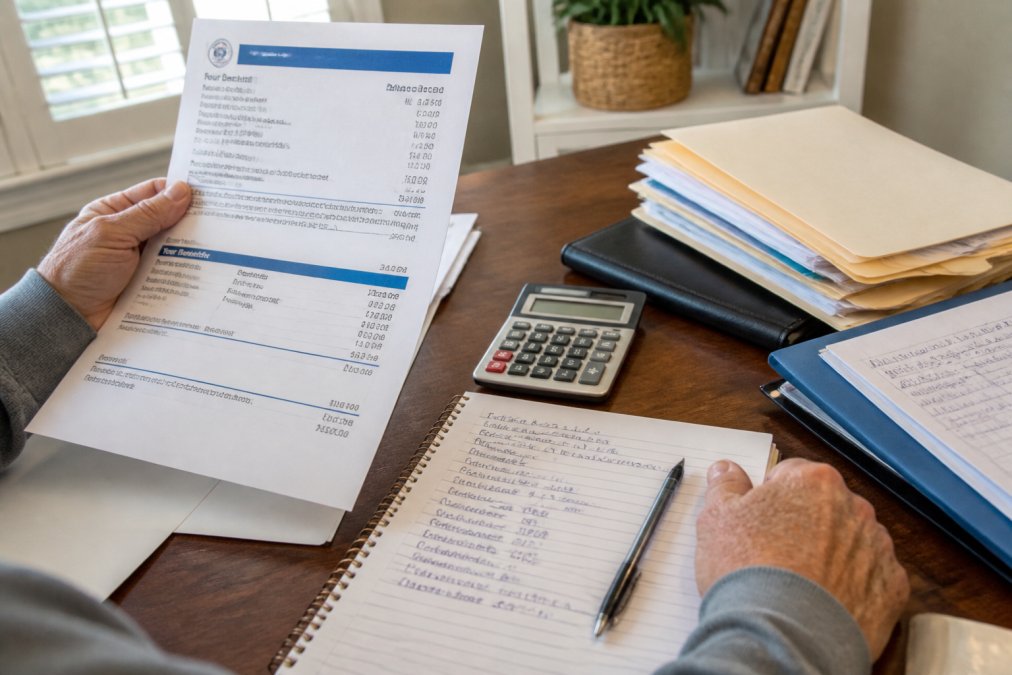 Hands holding printed Social Security statement while reviewing handwritten retirement planning notes on desk with organized file folders and calculator in bright home office workspace