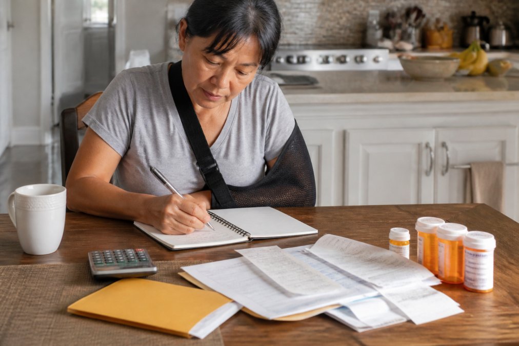 Process infographic showing how to organize medical records and recovery notes for a personal injury settlement.