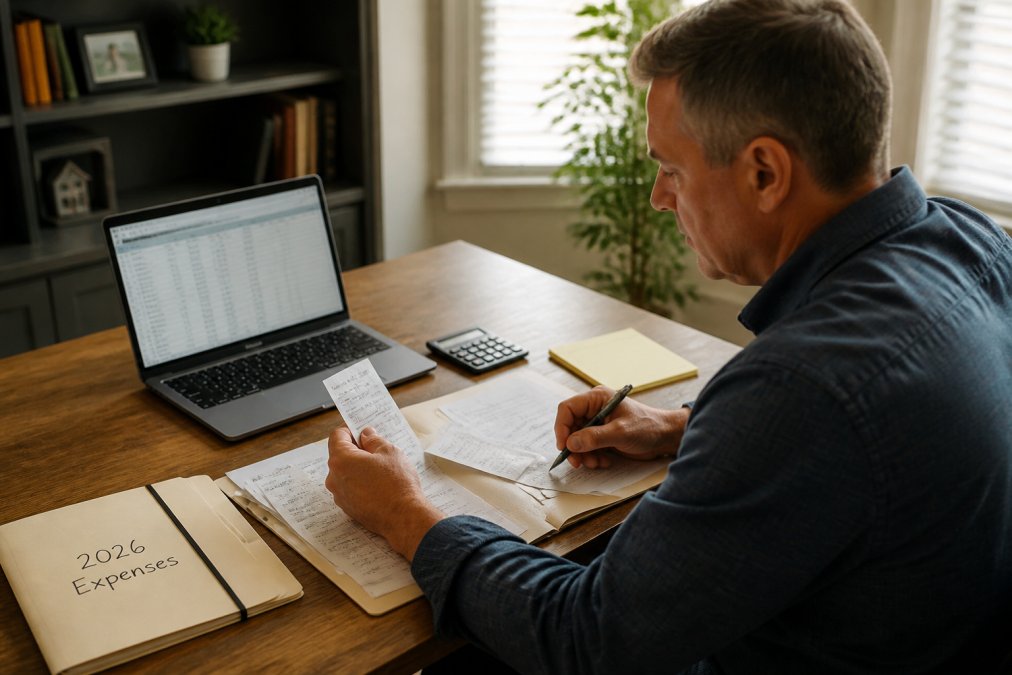A landlord at a wooden desk reviewing paper receipts and a laptop showing a digital spreadsheet, with a folder labeled '2026 Expenses' and a pen in hand, in a home office setting