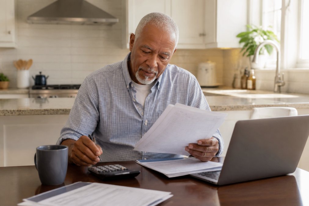 A man in his early 60s sitting at a kitchen table reviewing retirement plan documents with a laptop open, calculator and coffee mug nearby, warm morning light