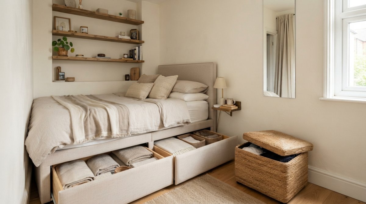 Professional illustration showing small bedroom storage