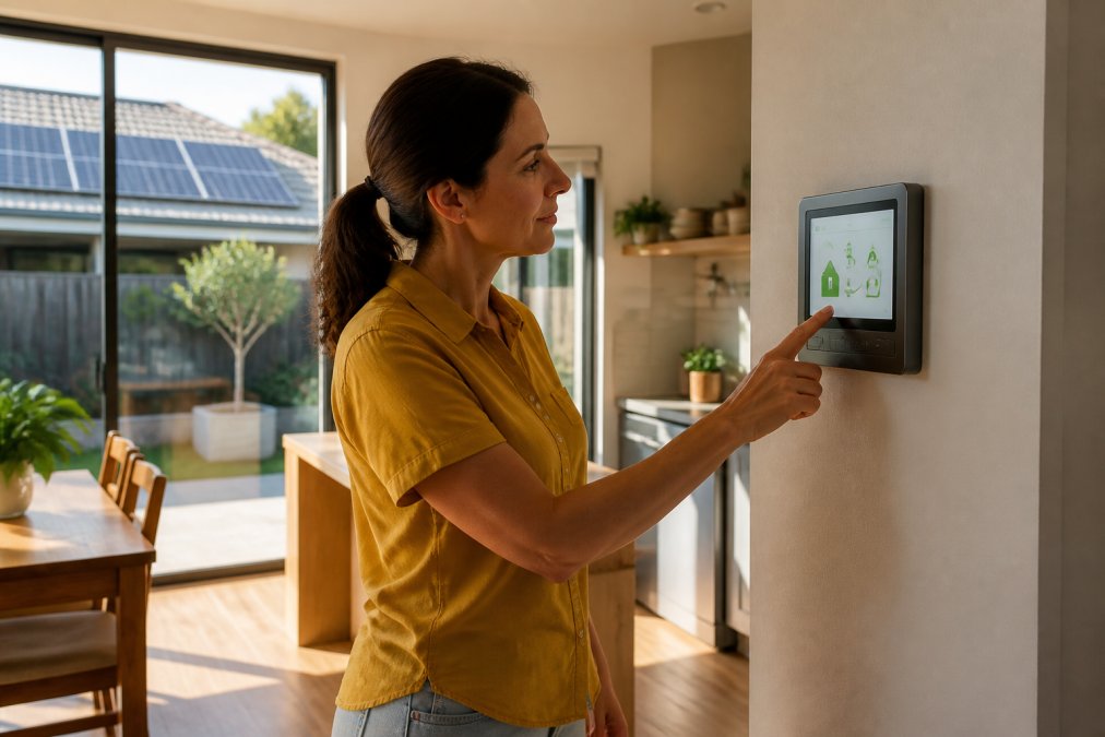 Homeowner checking a smart energy management display on their wall showing real-time battery charge level and appliance usage during daytime hours, with natural sunlight streaming through windows
